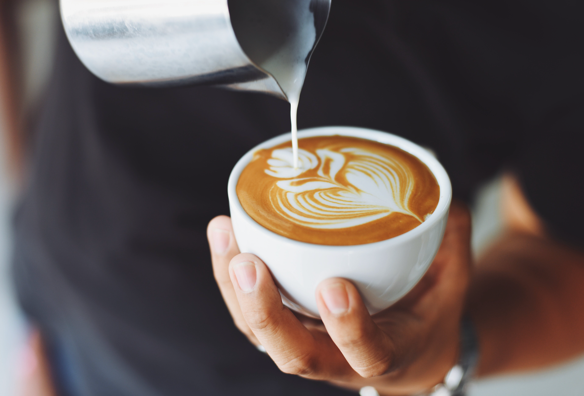 Barista pouring steamed milk into a white ceramic cup, creating a detailed and symmetrical latte art design on the surface of a freshly brewed cappuccino, held securely in their hands.